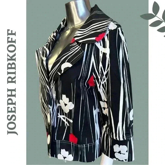 Joseph Ribkoff Lined Floral Abstract Print Button Front Black White Red Size 12 - Picture 3 of 8